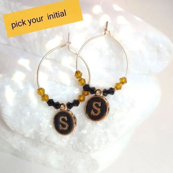 Initial Charm Earrings Black and Gold - Picture 1 of 16
